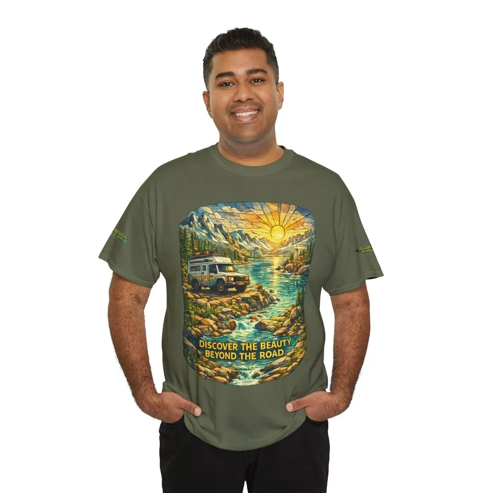Unisex Heavy Cotton Tee — "Discover The Bieuty Beyond The Road" Design Cubic-Line
