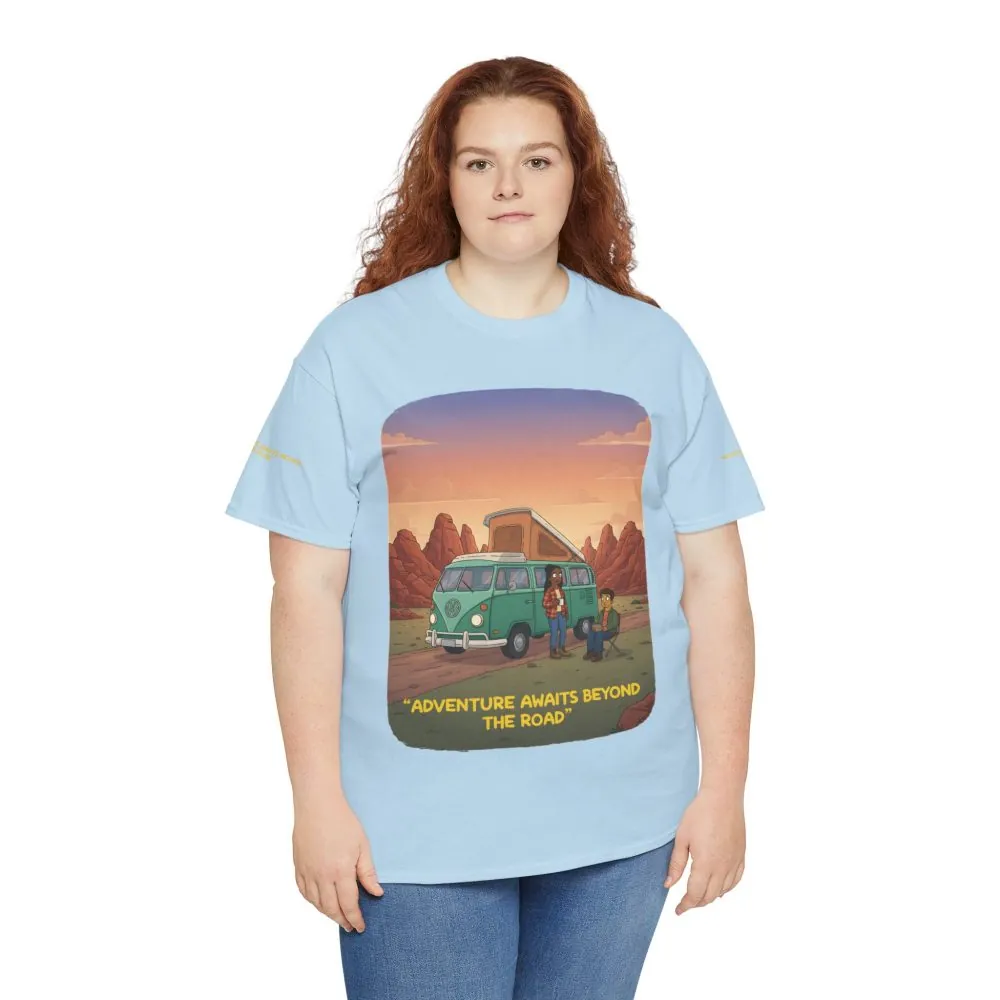 Unisex Heavy Cotton Tee — "Adventure Awaits Beyond The Road" Design Sitcom-Line
