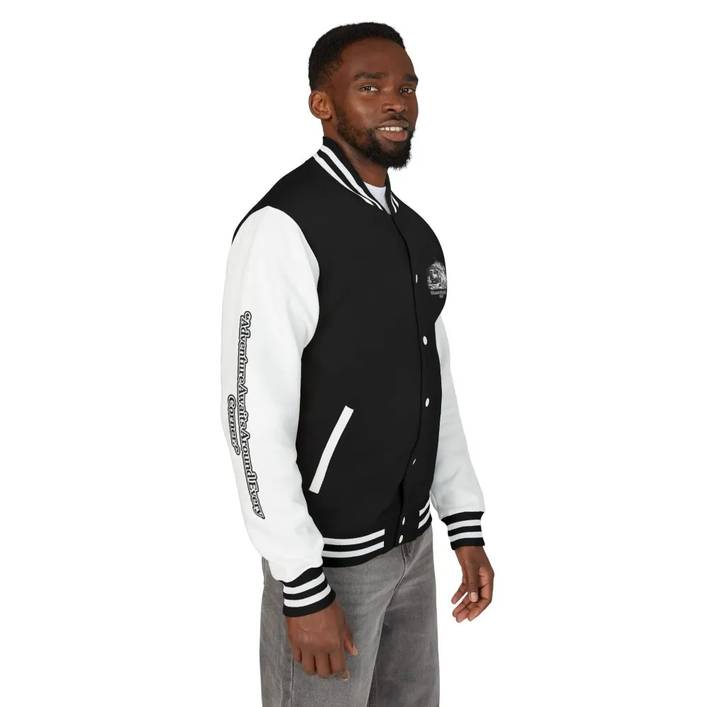 Unisex Heavyweight Letterman Jacket — "Adventure Awaits Around Every Corner" Travel Varsity Coat