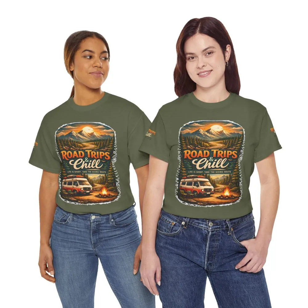 Unisex Heavy Cotton Tee — "Road Trips & Chill" Design Scenic-Line