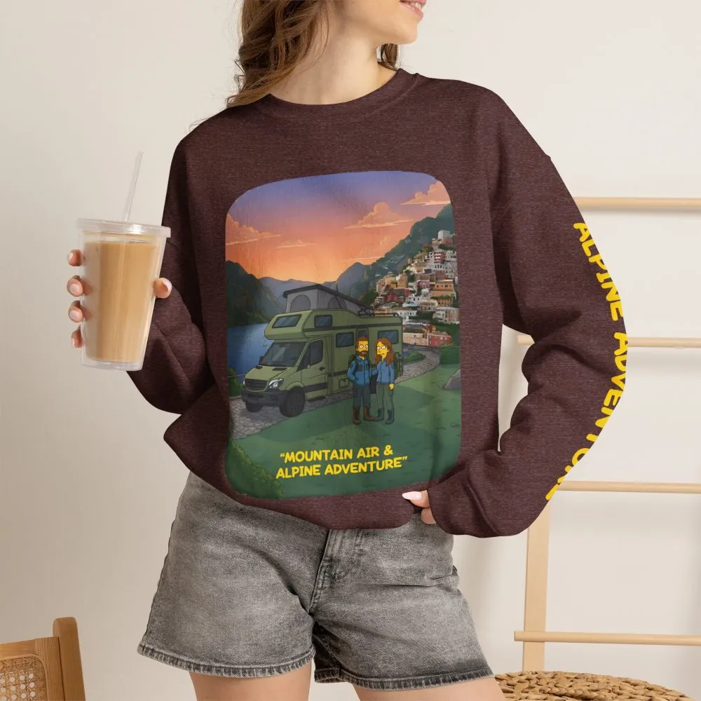 Unisex Heavy Blend™ Crewneck Sweatshirt — "Mountain Air And Alpine Adventure"" Design Sitcom-Line