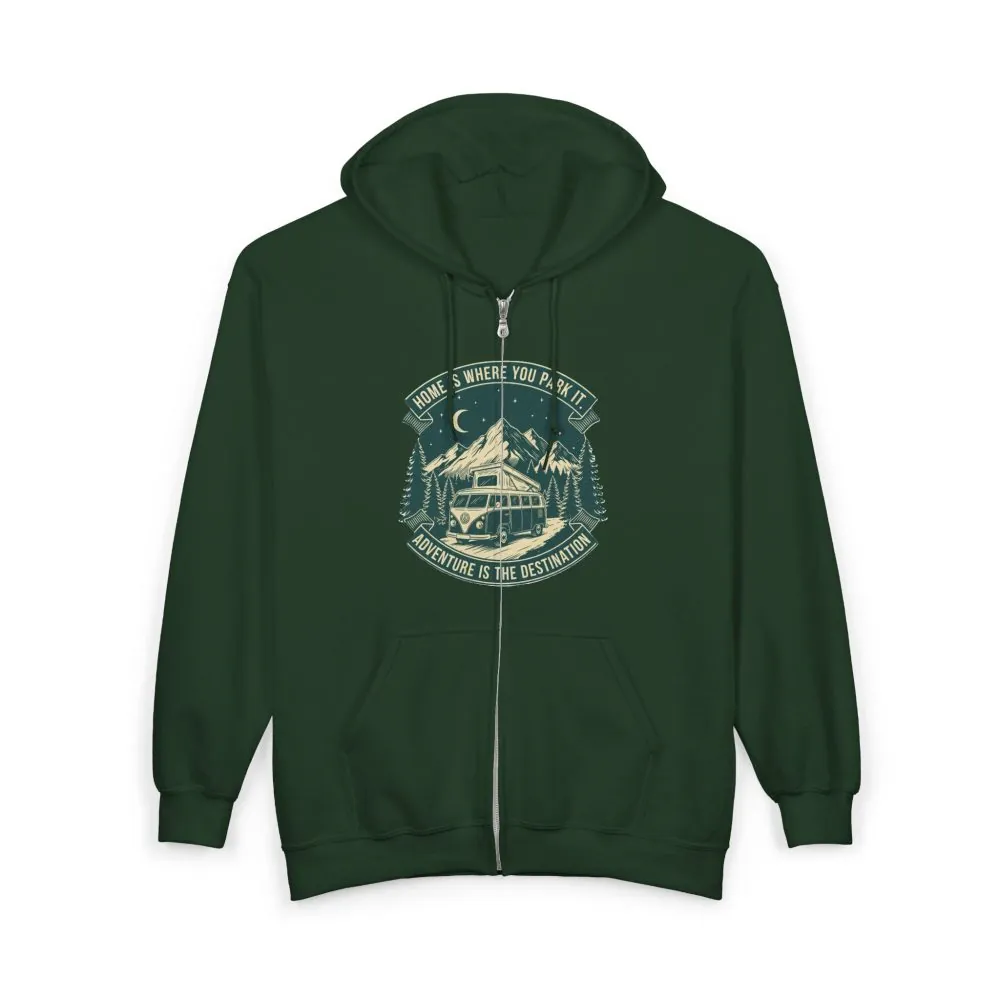 8759669313767427733_2048.jpeg Zip Hoodie — "Home Is Where You Park It-Adventure is the destination"(Front + Back Printed) Camper Van Adventure Zip-Up