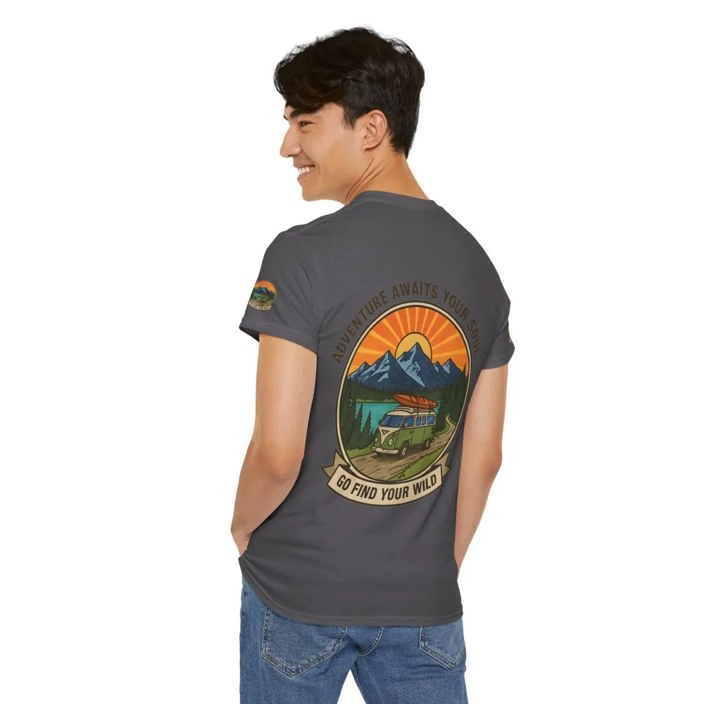 Unisex Heavy Cotton Tee — “Adventure Awaits Your Soul: Go Find Your Wild” Van & Mountain Graphic