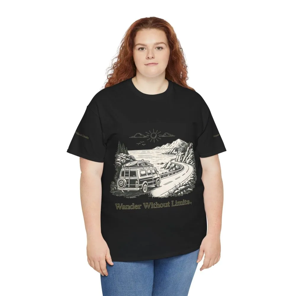 Unisex Heavy Cotton Tee — "Wander Without Limits" Design Minimal-Line