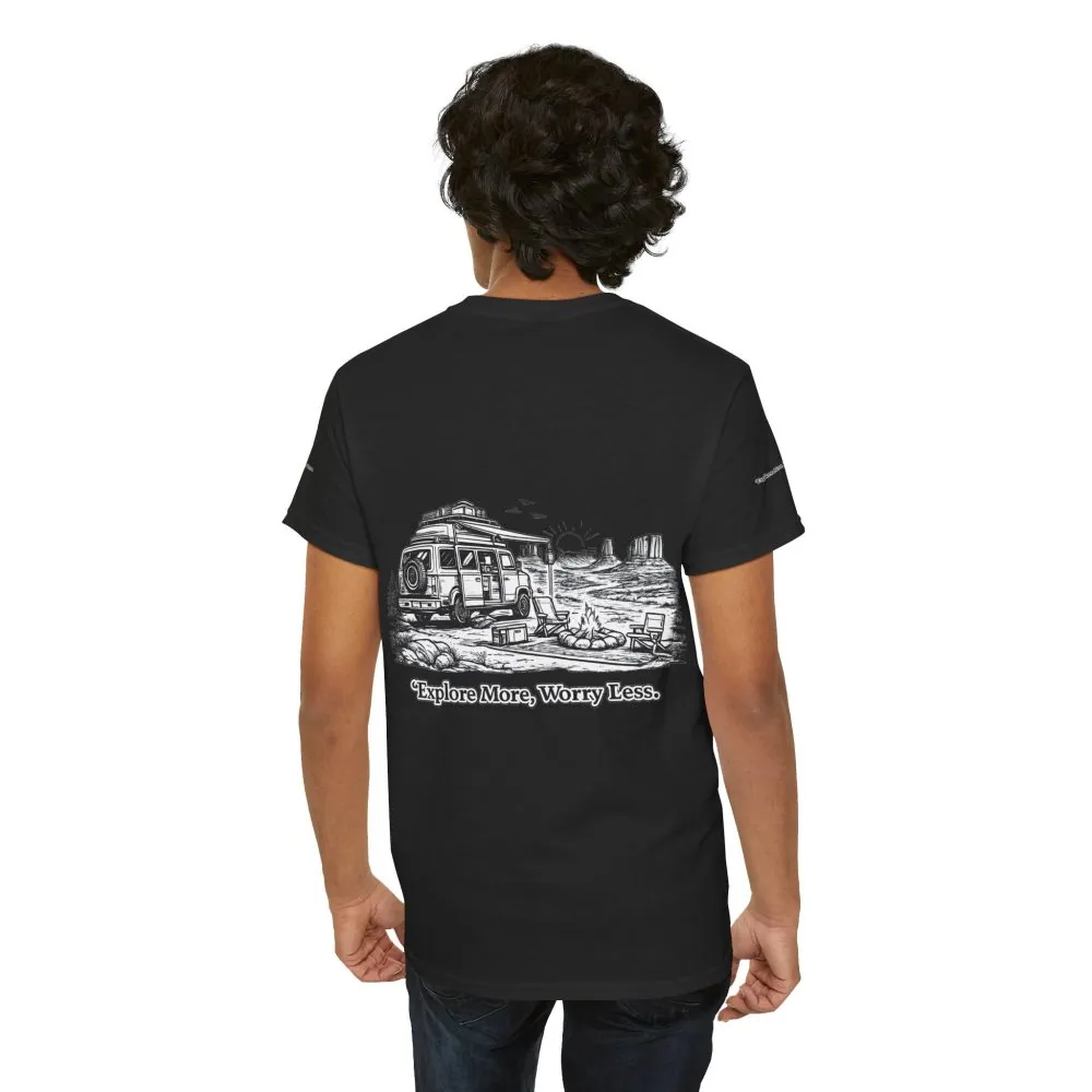 Unisex Heavy Cotton Tee — "Explore More Worry Less" Design Minimal-Line