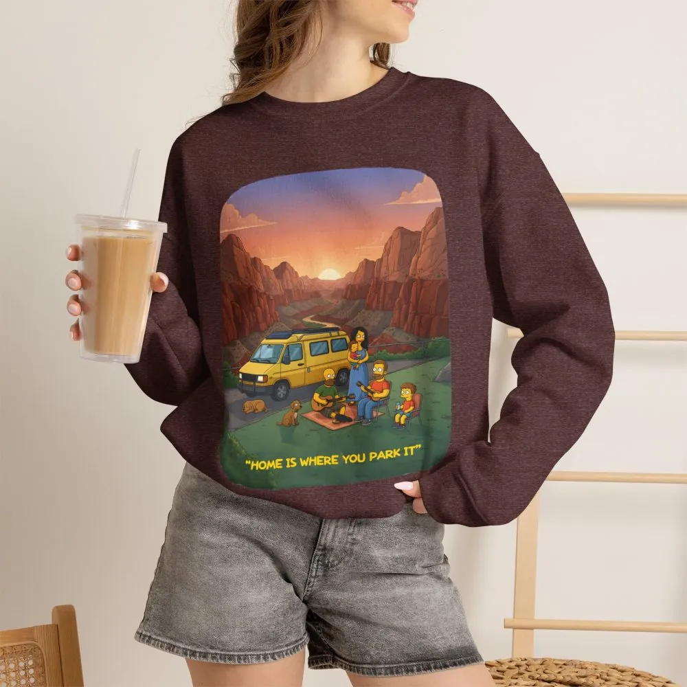 Unisex Heavy Blend™ Crewneck Sweatshirt — "Home Is Where You Park It" Design Sitcom-Line