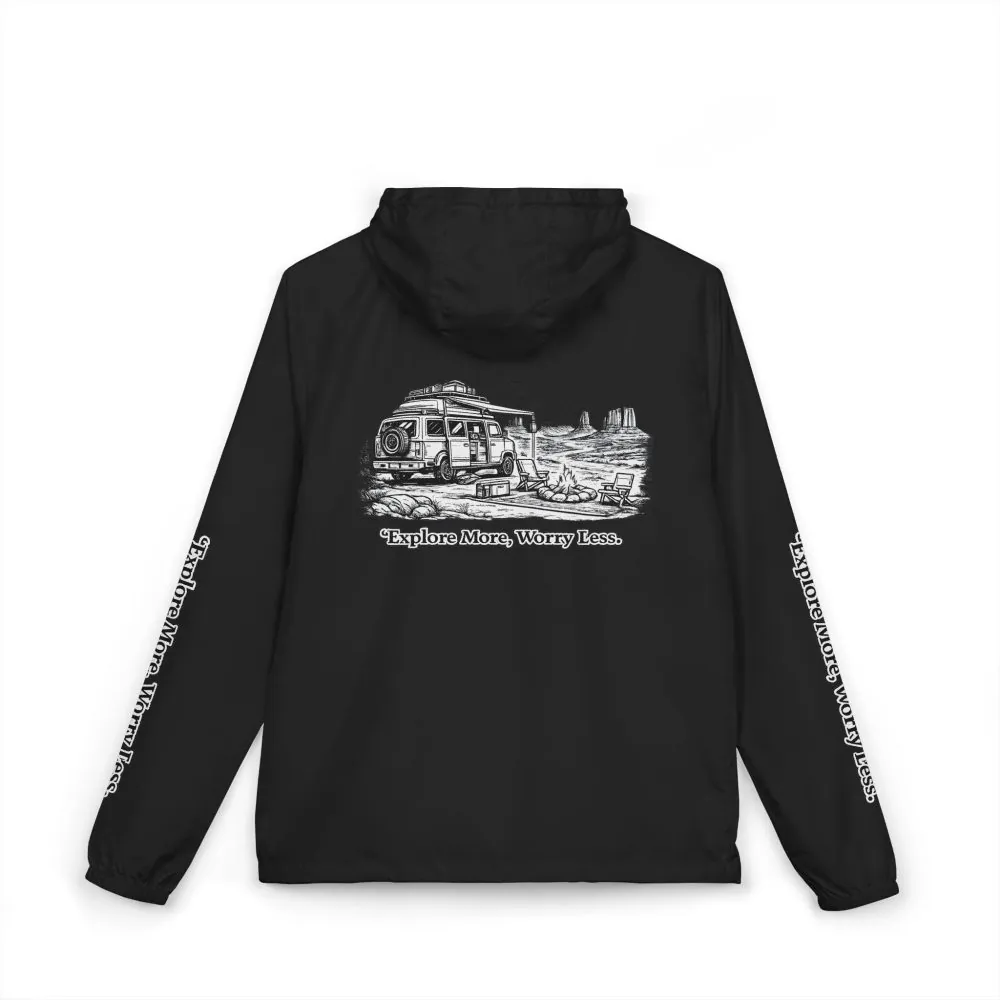Unisex Full-Zip Windbreaker Jacket — "Explore More, Worry Less" (Design "Minimal-Line")