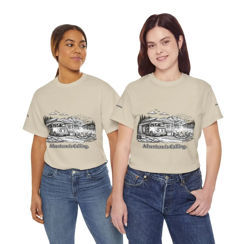 Unisex Heavy Cotton Tee — "Adventure Is Calling" Design Minimal-Line