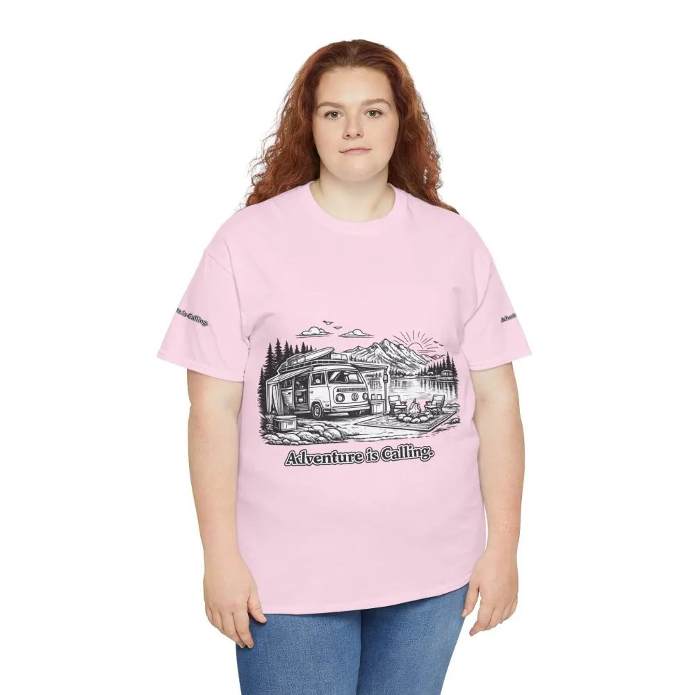 Unisex Heavy Cotton Tee — "Adventure Is Calling" Design Minimal-Line