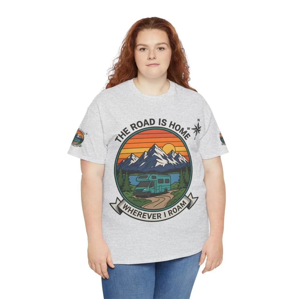 Unisex Heavy Cotton Tee  — 'The Road Is Home, Wherever I Roam' Retro Camper Tee