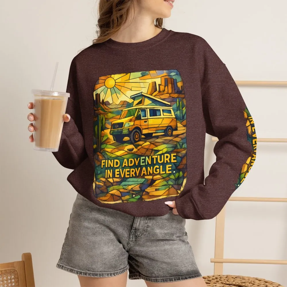 Unisex Heavy Blend™ Crewneck Sweatshirt — "Find Adventure In Every Corner" Design Cubic-Line