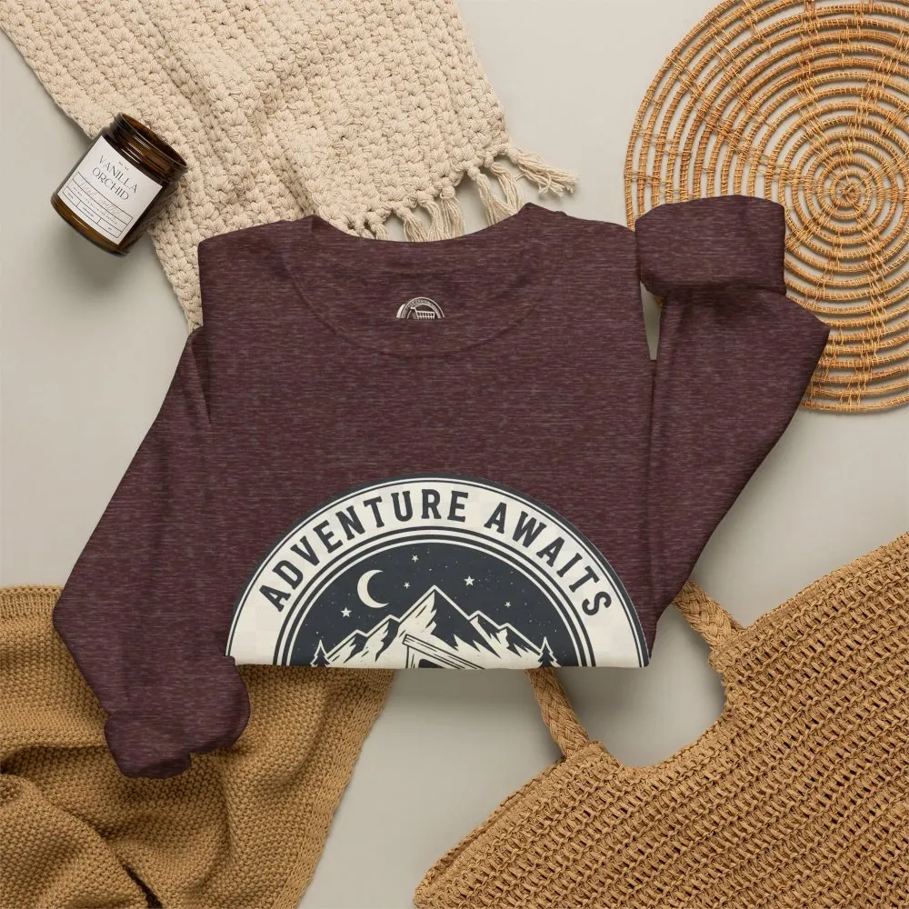 Crewneck Sweatshirt — "Adventure Awaits-Go Where You Feel Most Alive" (Font + Back + Sleaves printed) Vintage Camper Van Outdoor Graphic