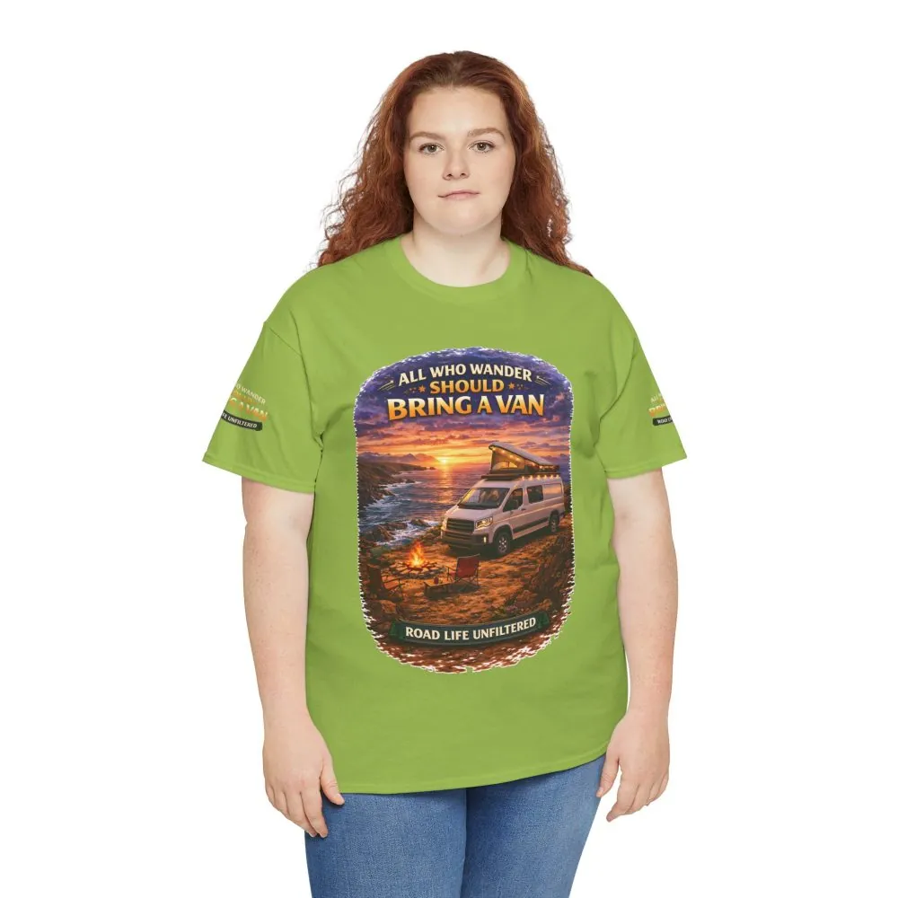 Unisex Heavy Cotton Tee — "All Who wander Should Bring A Van" Design Scenic-Line