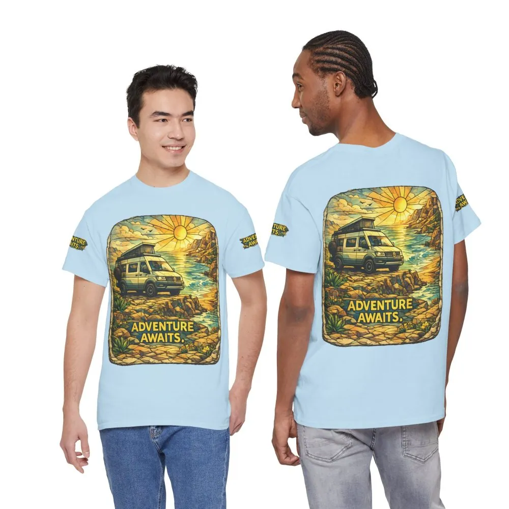 Unisex Heavy Cotton Tee — "Adventure Awaits" Design Cubic-Line