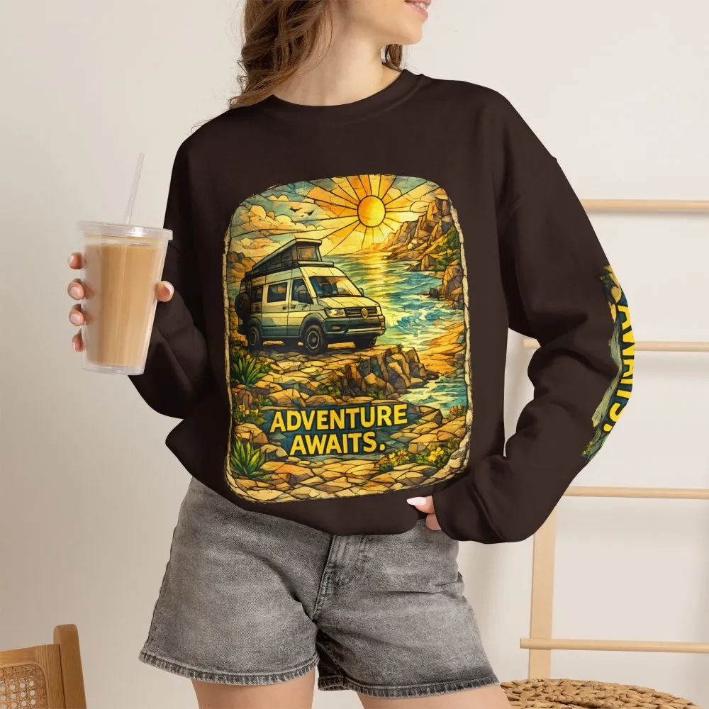886976040079120783_2048.jpeg Unisex Heavy Blend™ Crewneck Sweatshirt — "Adventure Awaits" Design Cubic-Line