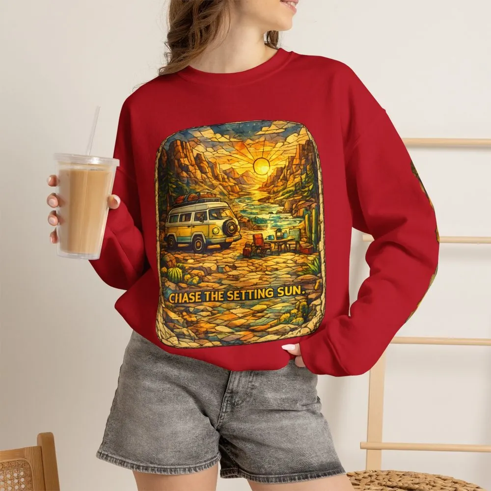 Unisex Heavy Blend™ Crewneck Sweatshirt — "Chase The Settings Sun" Design Cubic-Line