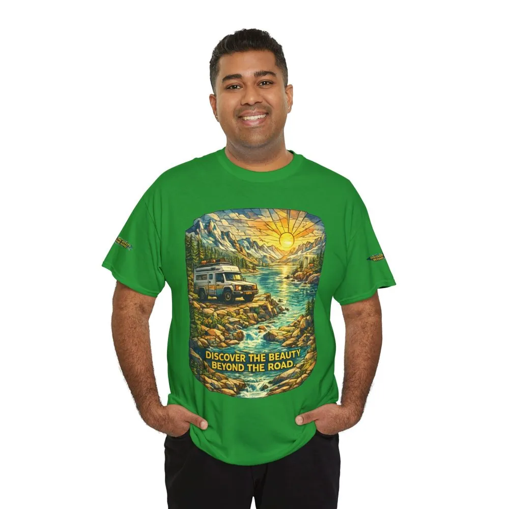 Unisex Heavy Cotton Tee — "Discover The Bieuty Beyond The Road" Design Cubic-Line