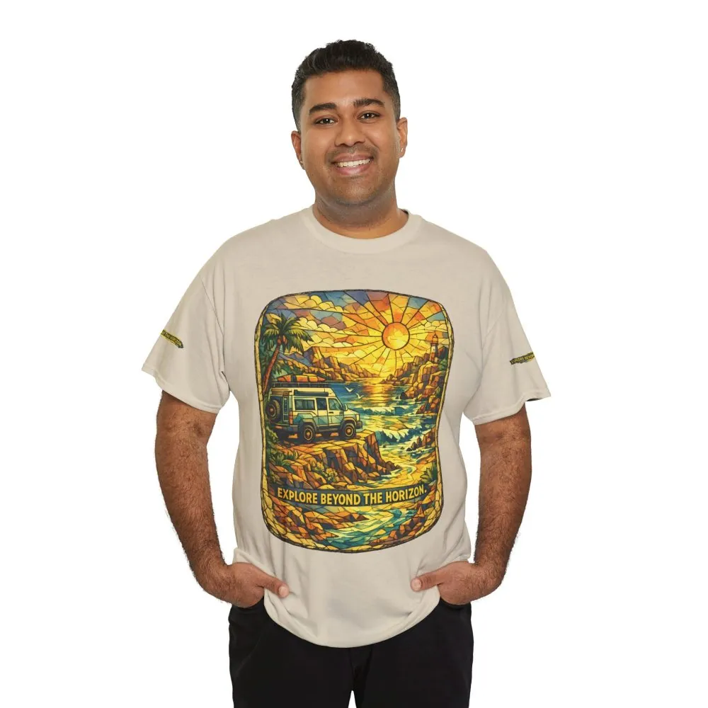 Unisex Heavy Cotton Tee — "Explore Beyond The Horizon" Design Cubic-Line