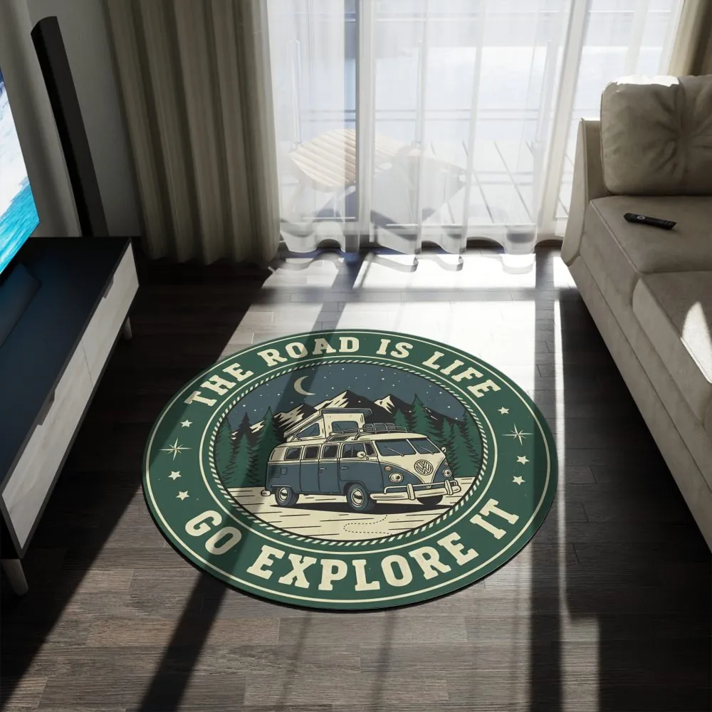 Round Rug - 'The Road Is Life, Go Explore It' Vintage Camper Travel Floor Mat