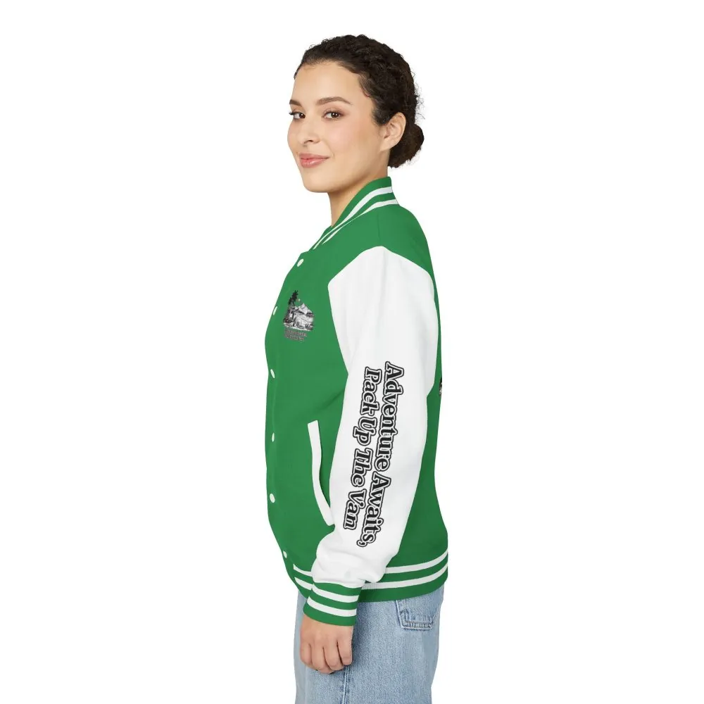 Unisex Heavyweight Letterman Jacket — "Adventure Awaits,Pack Up The Van" Travel Varsity Coat