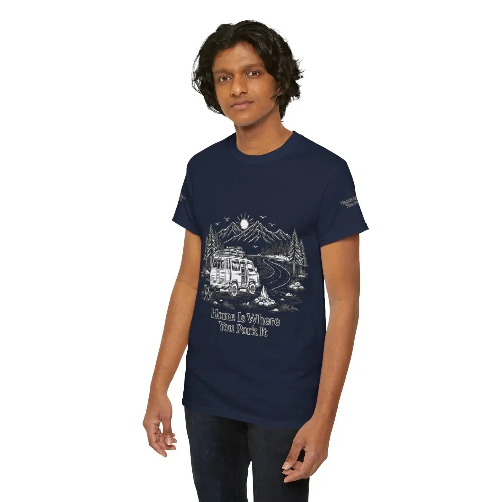 Unisex Heavy Cotton Tee — "Home Is Where You Park It" Design Minimal-Line
