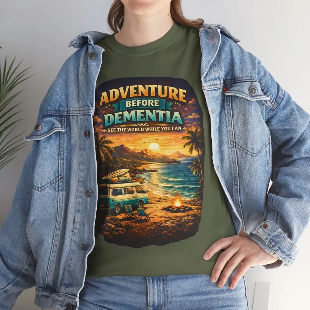 Unisex Heavy Cotton Tee — "Adventure Before Dementia" Design Scenic-Line