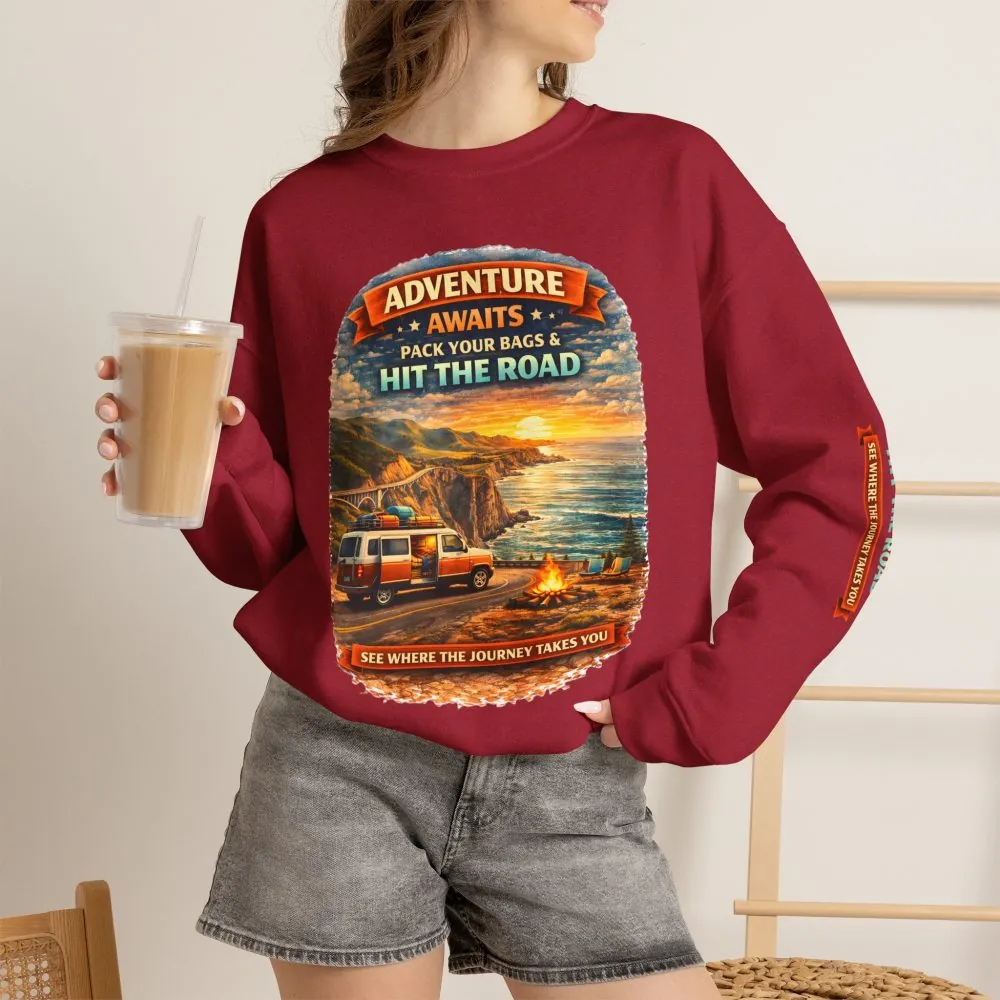 8952800637200725335_2048.jpeg Unisex Heavy Blend™ Crewneck Sweatshirt — "Adventure Awaits-Pack Your Bags" Design Scenic-Line
