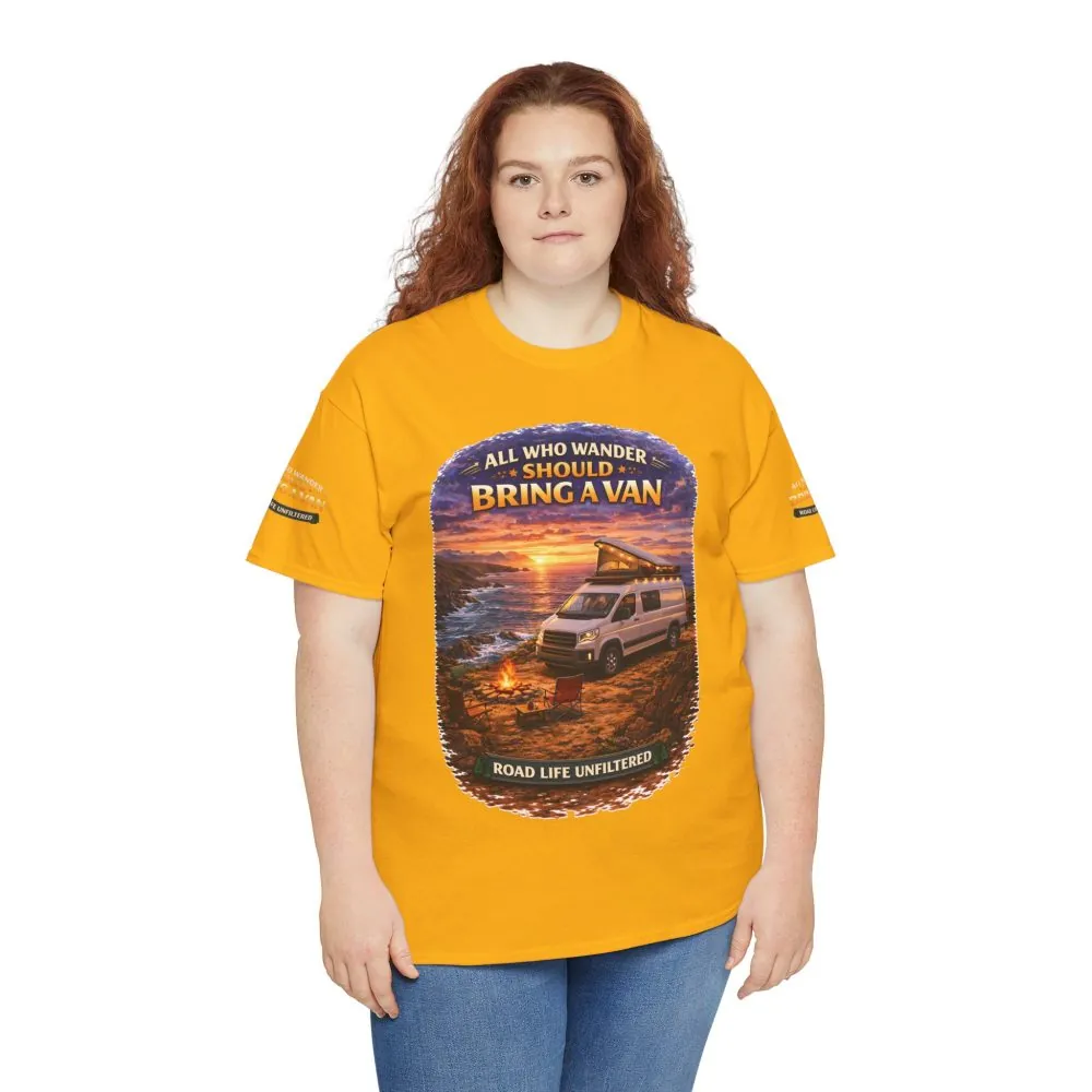 Unisex Heavy Cotton Tee — "All Who wander Should Bring A Van" Design Scenic-Line