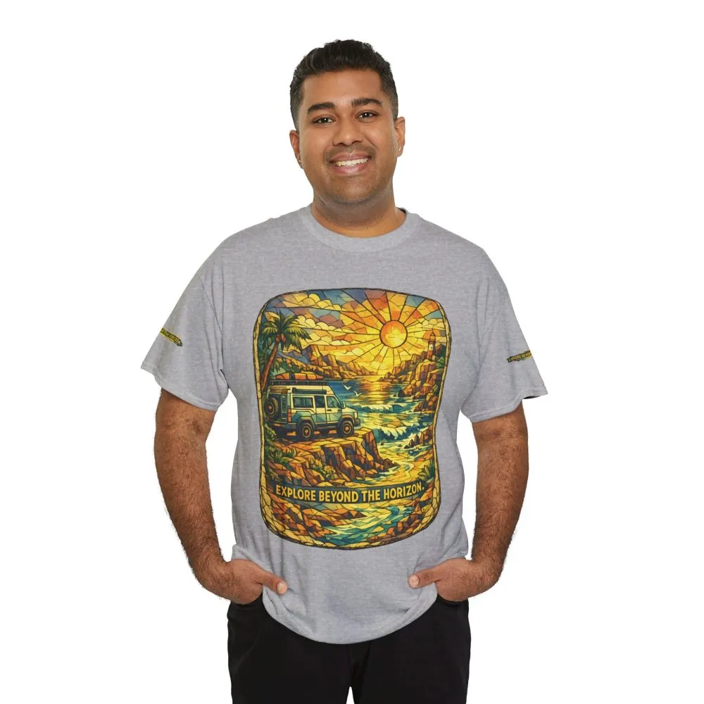Unisex Heavy Cotton Tee — "Explore Beyond The Horizon" Design Cubic-Line