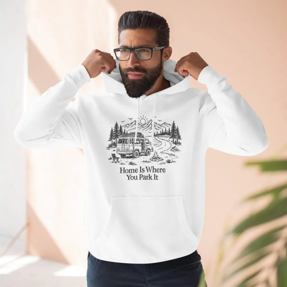 8966778210793665025_2048.jpeg Three-Panel Fleece Hoodie - "Home Is Where You Park It" Design Minimal-Line