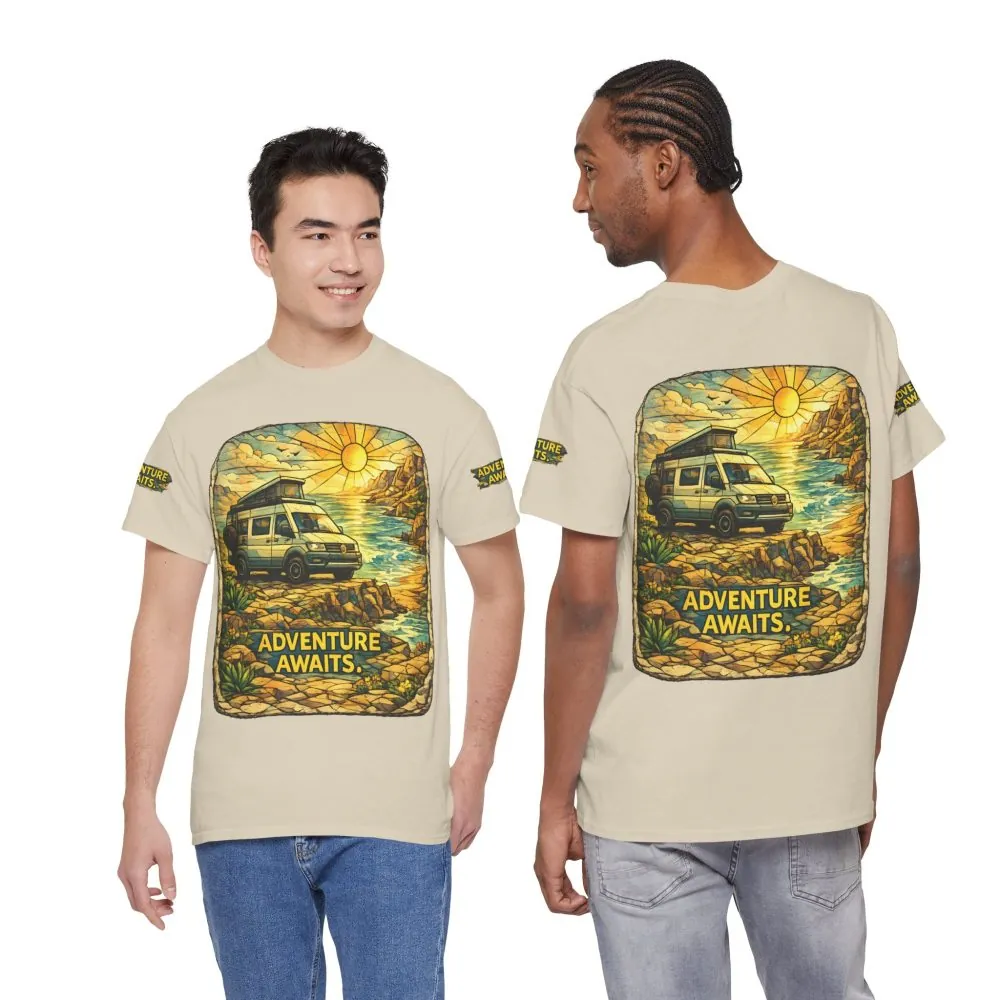 Unisex Heavy Cotton Tee — "Adventure Awaits" Design Cubic-Line