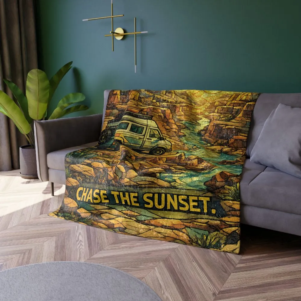 Crushed Velvet Blanket —"Chase The Sunset" Design Cubic-Line (Campervan)