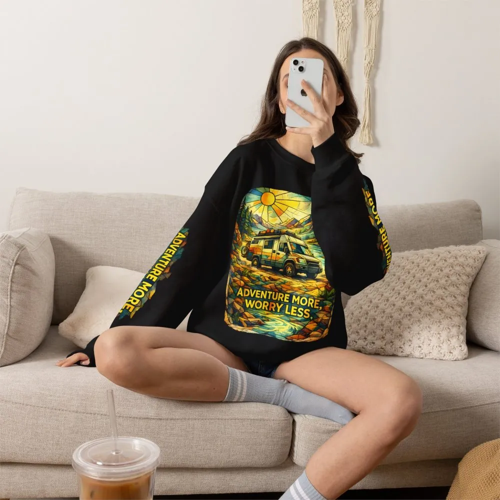 Unisex Heavy Blend™ Crewneck Sweatshirt — "Adventure More Worry Less" Design Cubic-Line