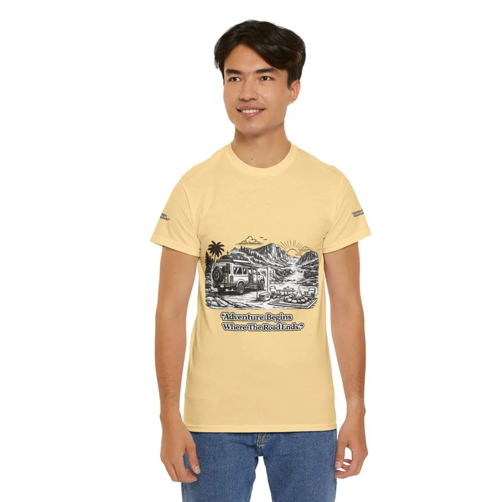 Unisex Heavy Cotton Tee — "Adventure Begins Where The Road Ends" Design Minimal-Line