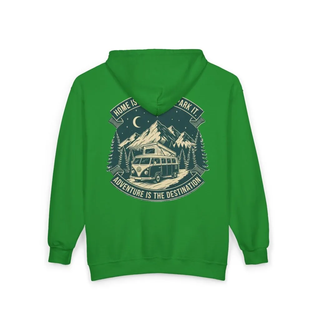 898665685185221306_2048.jpeg Zip Hoodie — "Home Is Where You Park It-Adventure is the destination"(Front + Back Printed) Camper Van Adventure Zip-Up