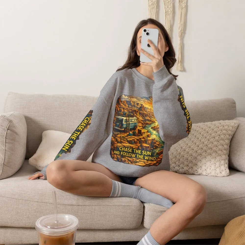 Unisex Heavy Blend™ Crewneck Sweatshirt — "Chase The Sun And Follow The Wind" Design Cubic-Line