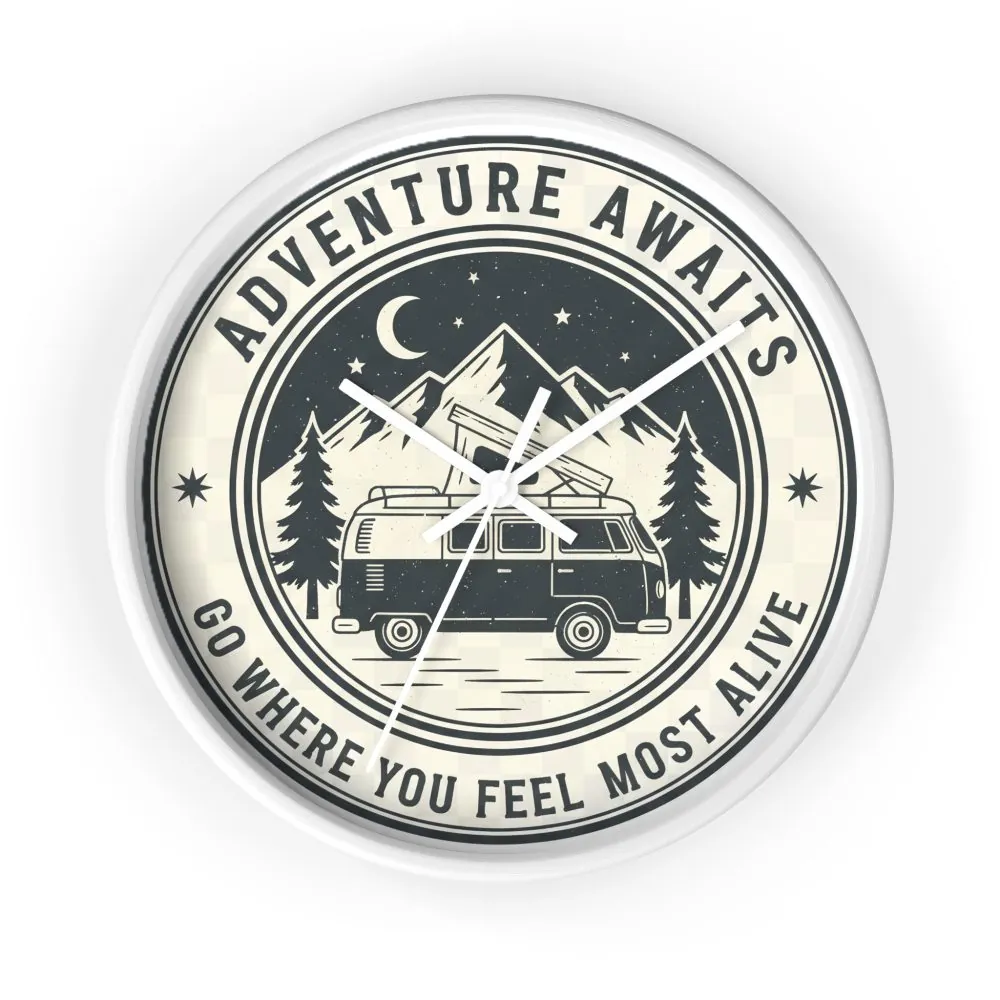 9018058919370910090_2048.jpeg Wall Clock — "Adventure Awaits-Go Where You Feel Most Alive" Camper Van Mountain Travel Timepiece