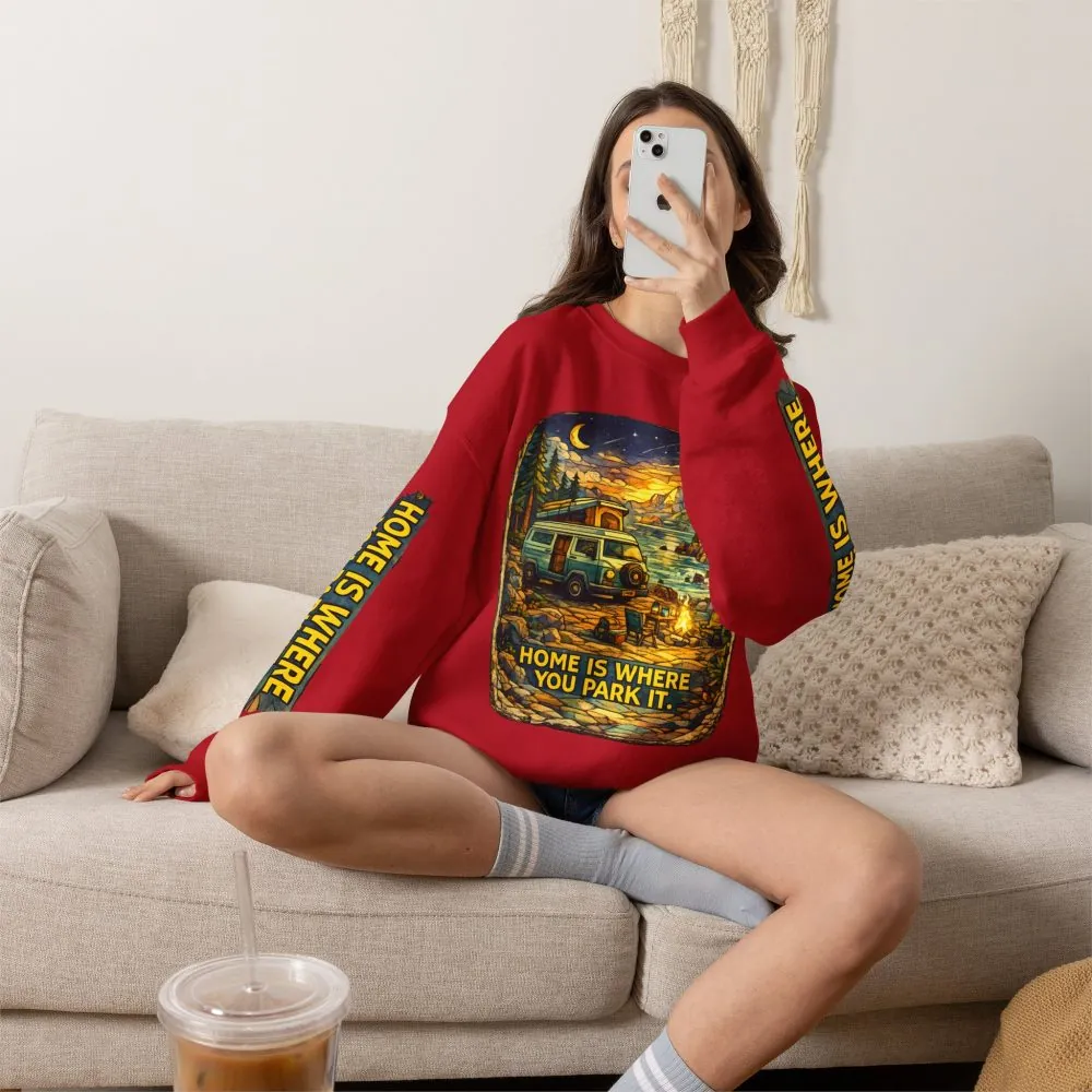 Unisex Heavy Blend™ Crewneck Sweatshirt — "Home Is Where You Park It" Design Cubic-Line