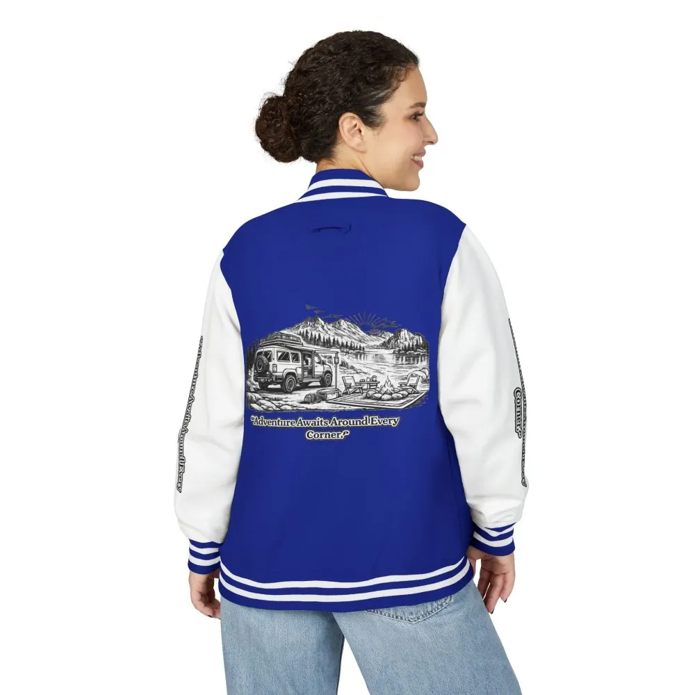 Unisex Heavyweight Letterman Jacket — "Adventure Awaits Around Every Corner" Travel Varsity Coat