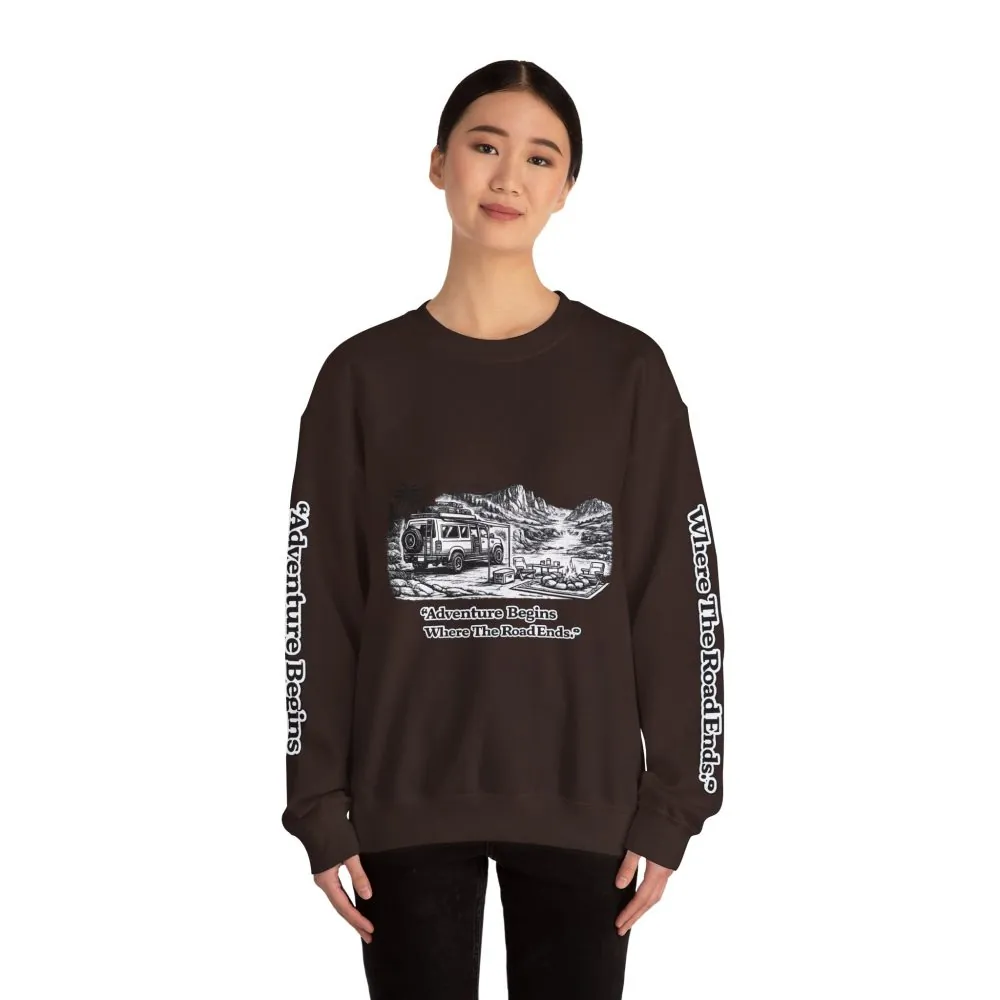 Unisex Heavy Blend™ Crewneck Sweatshirt — "Adventure Begins Where The Road Ends" Design Minimal-Line