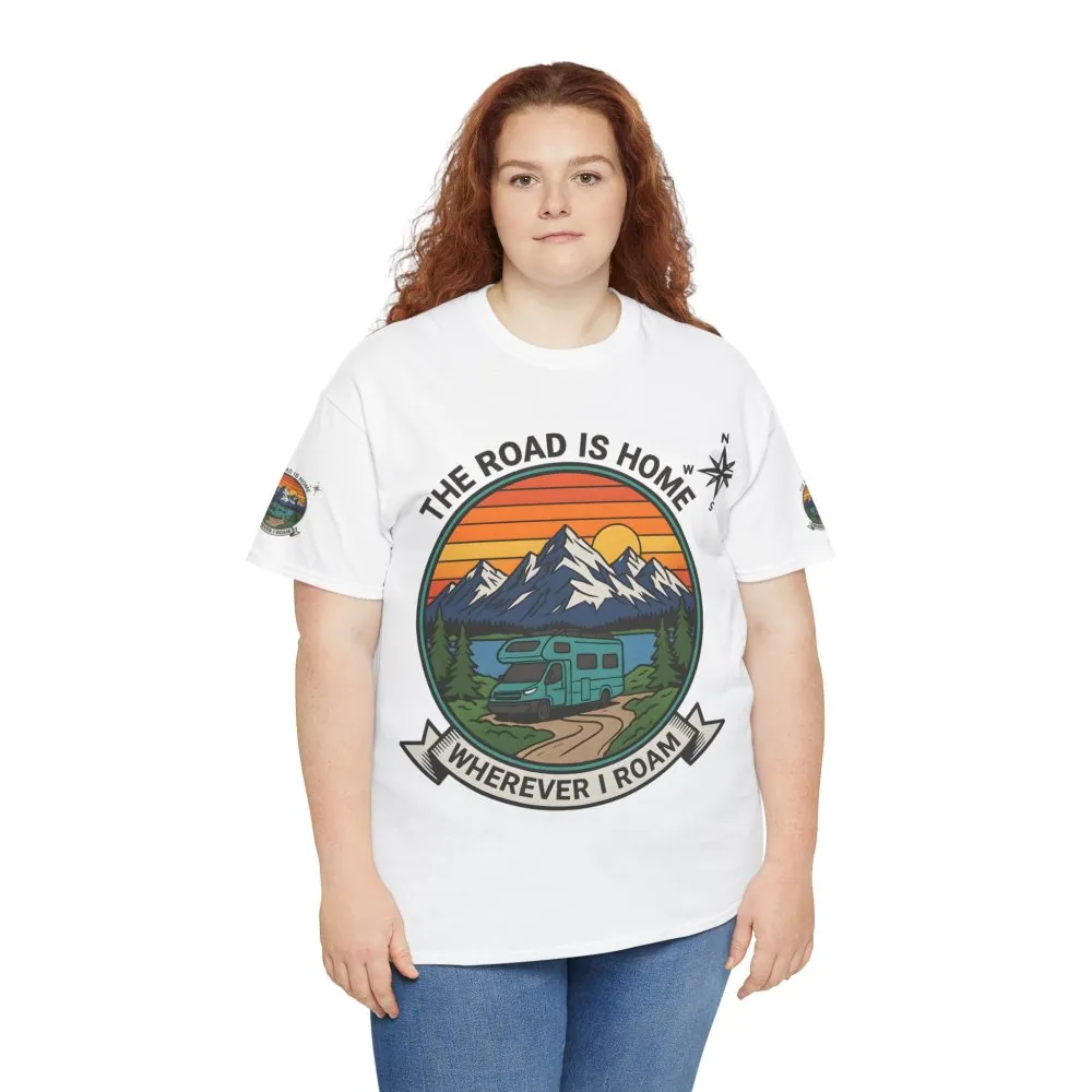Unisex Heavy Cotton Tee  — 'The Road Is Home, Wherever I Roam' Retro Camper Tee