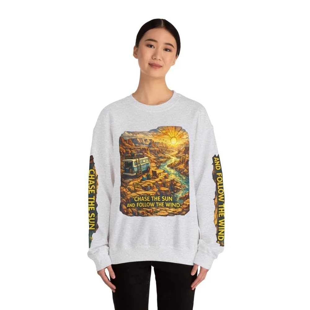 Unisex Heavy Blend™ Crewneck Sweatshirt — "Chase The Sun And Follow The Wind" Design Cubic-Line