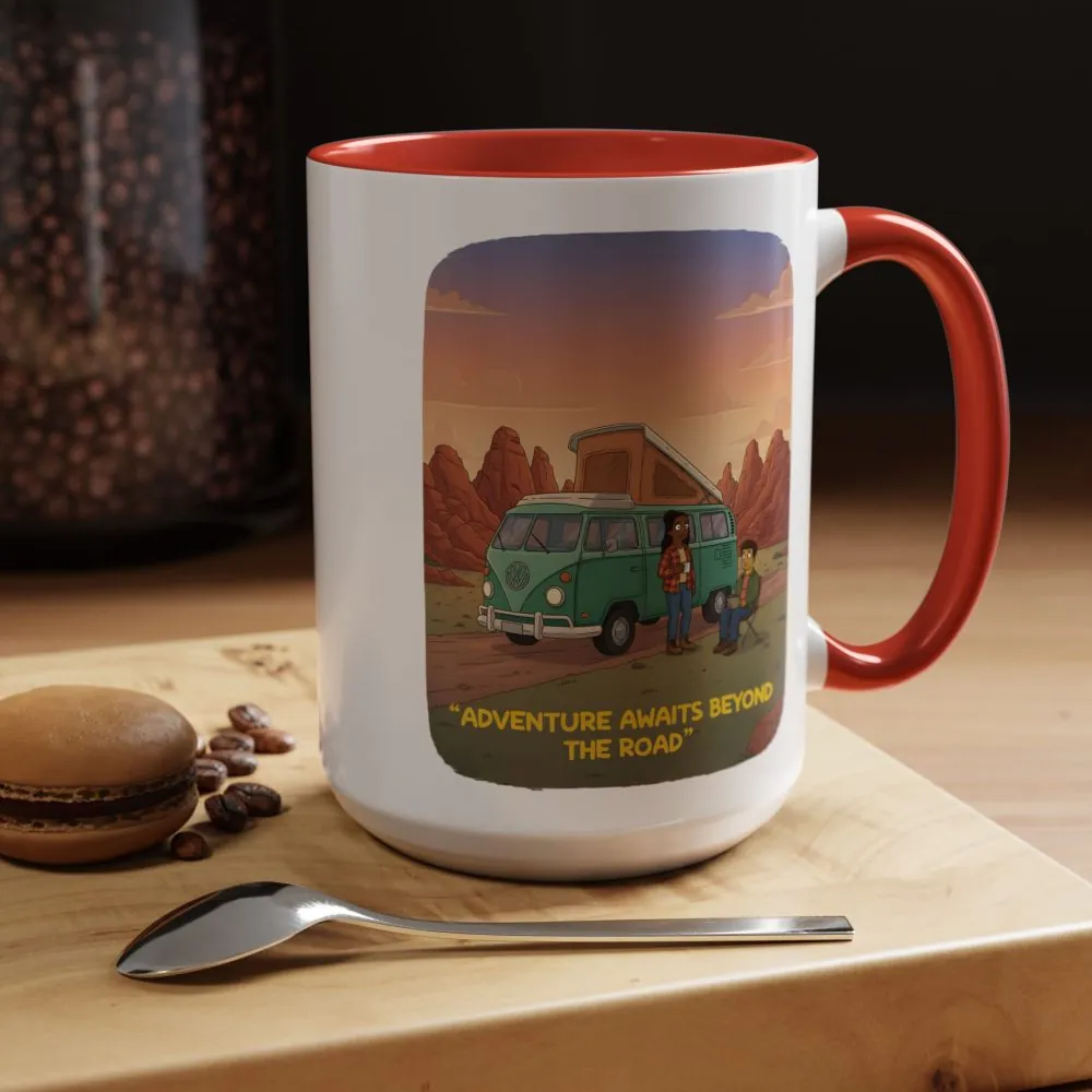 Accent Coffee Mug (11, 15oz) — "Adventure Awaits Beyond The Road" Design Sitcom-Line