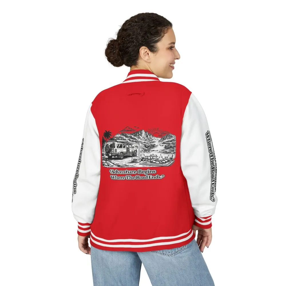 Unisex Heavyweight Letterman Jacket — "Adventure Begins Where The Road Ends" Travel Varsity Coat