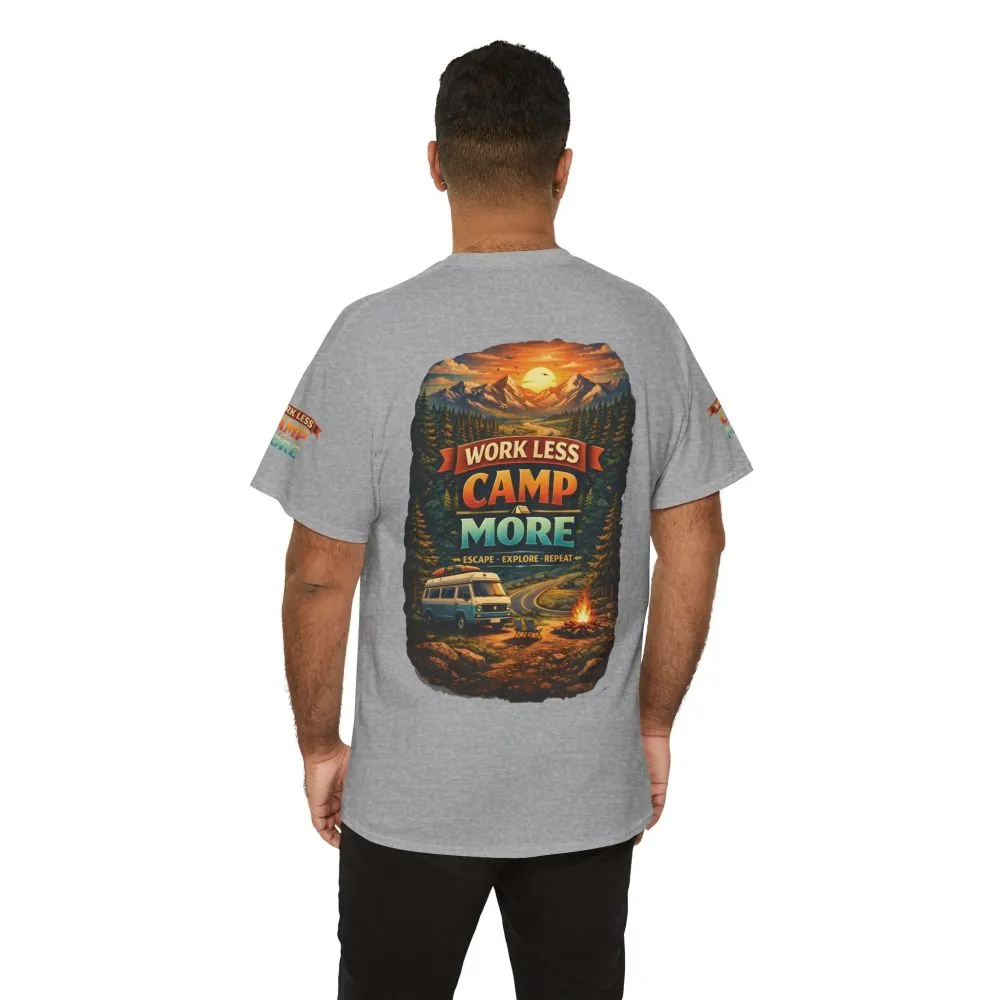 Unisex Heavy Cotton Tee — "Work Less-Camp More" Design Scenic-Line