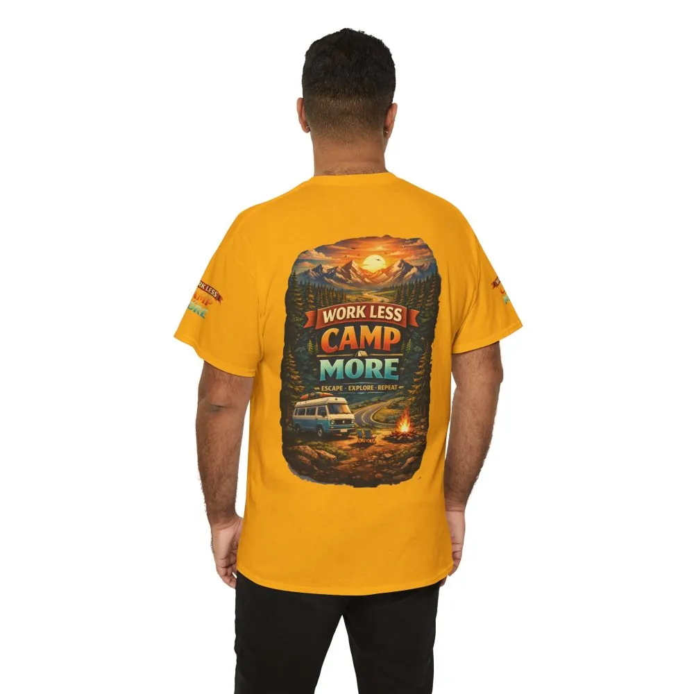 Unisex Heavy Cotton Tee — "Work Less Camp More" Design Scenic-Line