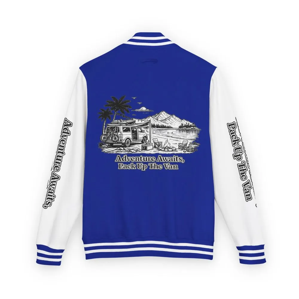Unisex Heavyweight Letterman Jacket — "Adventure Awaits,Pack Up The Van" Travel Varsity Coat