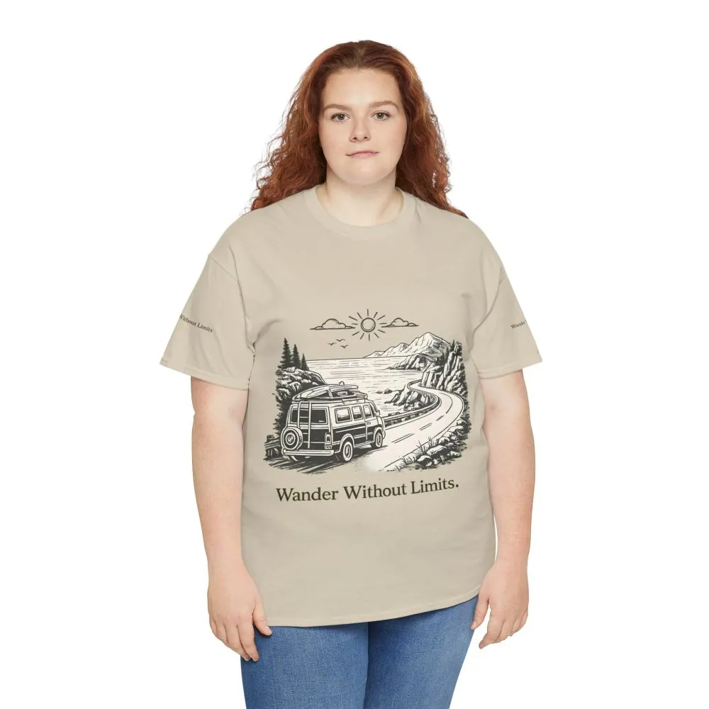 Unisex Heavy Cotton Tee — "Wander Without Limits" Design Minimal-Line