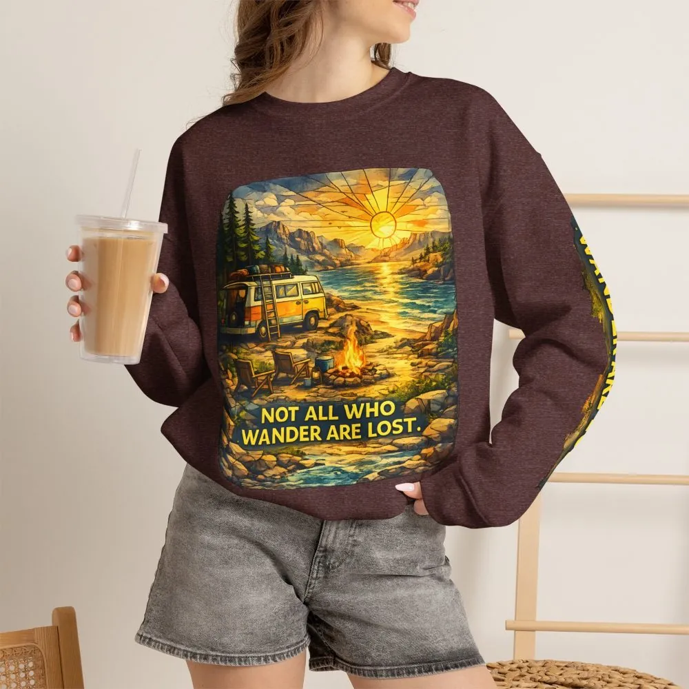 Unisex Heavy Blend™ Crewneck Sweatshirt — "Not All Who Wander Are Lost" Design Cubic-Line