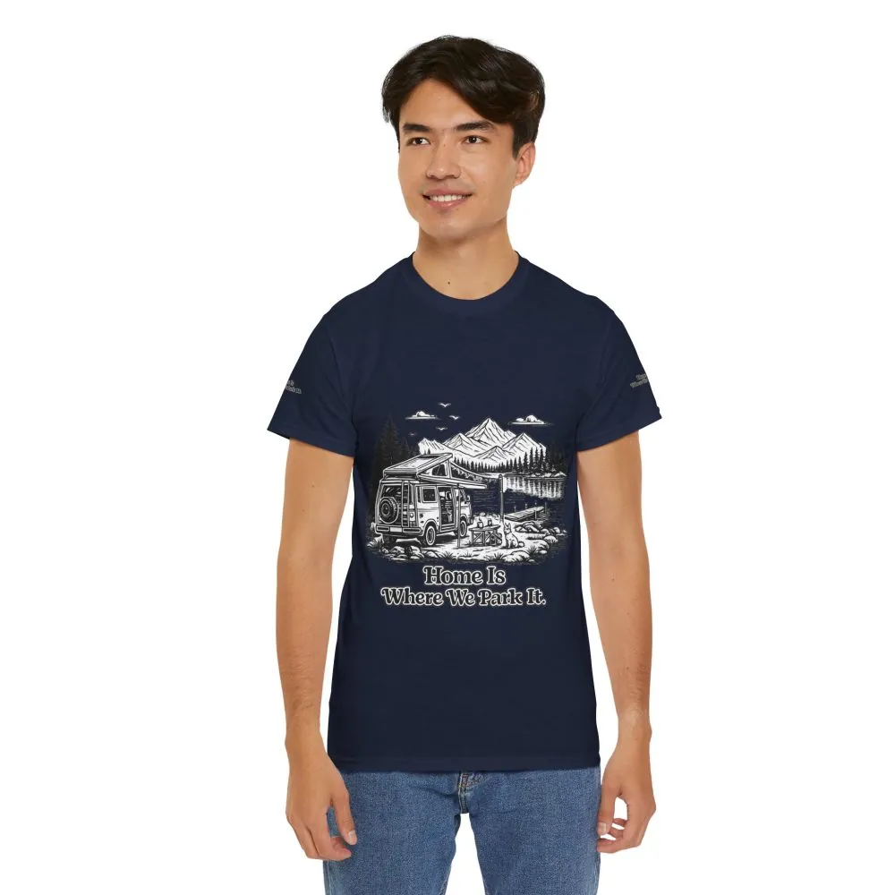 9118994253763832851_2048.jpeg Unisex Heavy Cotton Tee — "Home Is Where You Park It" Design Minimal-Line